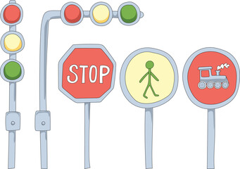 Vector Traffic Light and Signs Illustration Children Cute  Car Transportation Drawing Boys Toy Background. 