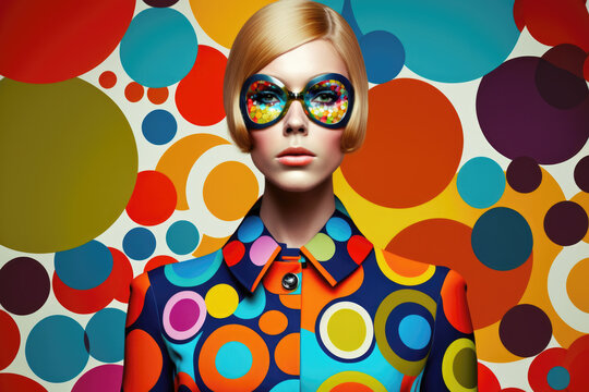Funny fashion woman wearing 60s circles design clothing. Generative AI