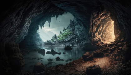 in a cave there is a lake, rocks and stone