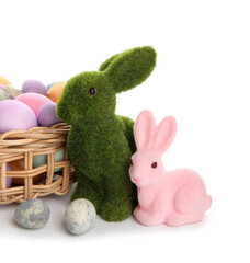 Easter bunnies and wicker basket with painted eggs isolated on white background