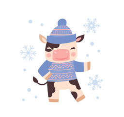 Cow with snow. Cute character in warm white sweater and hat under snow paddle. Winter season, New Year and Christmas. Sticker for social networks and messengers. Cartoon flat vector illustration