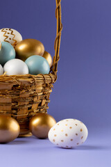 Image of multi coloured easter eggs in basket and copy space on purple background