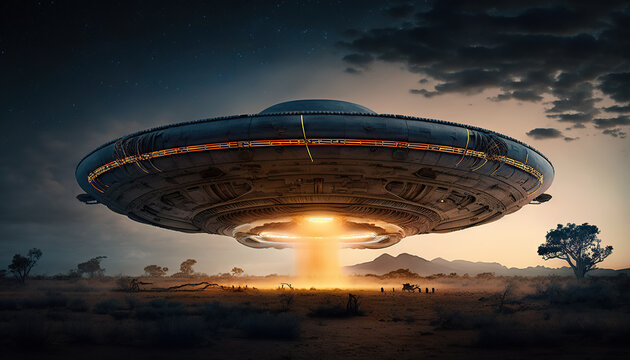 Flying saucer flies over highways and in the desert. Invasion of extraterrestrial intelligence on an intergalactic ship. Alien abduction. Created with Generative AI.