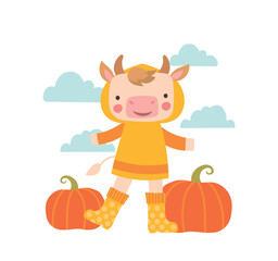 Cow with pumpkin. Cute character in rubber boots and yellow sweater stands next to vegetables, harvest. Farming and agriculture in autumn, fall season. Cartoon flat vector illustration