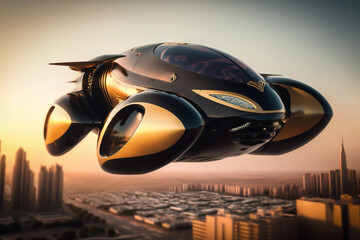 Black and gold personal air and land vehicle, generatiev ai