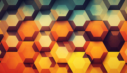 Blue and Orange abstract background with beveled hexagons created with generative AI technology