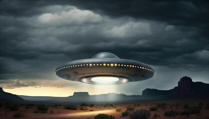 Fototapeta na wymiar Flying saucer flies over highways and in the desert. Invasion of extraterrestrial intelligence on an intergalactic ship. Alien abduction. Created with Generative AI.