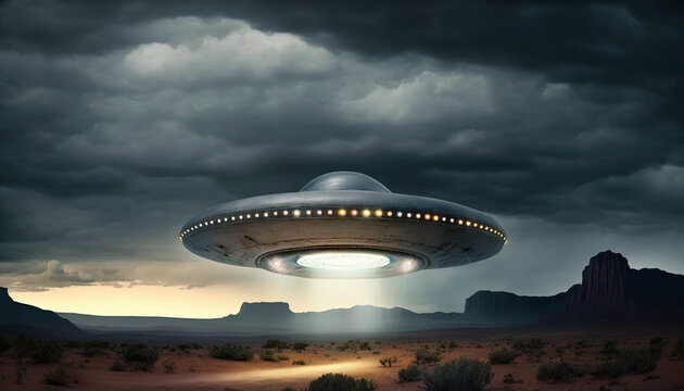 Flying saucer flies over highways and in the desert. Invasion of extraterrestrial intelligence on an intergalactic ship. Alien abduction. Created with Generative AI.