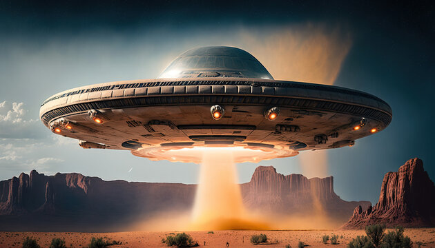 Flying saucer flies over highways and in the desert. Invasion of extraterrestrial intelligence on an intergalactic ship. Alien abduction. Created with Generative AI.