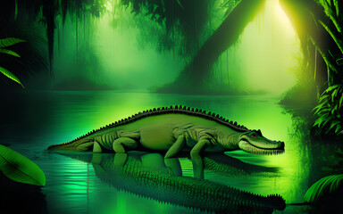 Crocodile in the jungle in the morning mist. Generative Al Illustration.