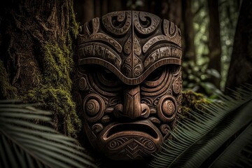 illustration, traditional wooden hawaiian mask, generative ai - obrazy, fototapety, plakaty