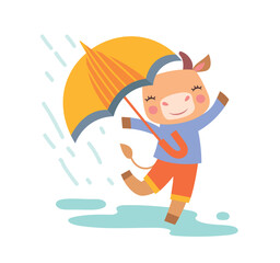 Cow under rain. Charming character with umbrella dancing in rain, fall season and autumn season. Farming and agriculture. Wild life and fauna, mammal, biology. Cartoon flat vector illustration