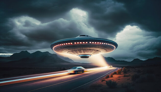 Flying saucer flies over highways and in the desert. Invasion of extraterrestrial intelligence on an intergalactic ship. Alien abduction. Created with Generative AI.