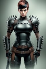 Badass Female Post-Apocalyptic Warrior in Armor With Weapons. Generative AI.