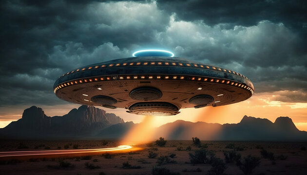 Flying saucer flies over highways and in the desert. Invasion of extraterrestrial intelligence on an intergalactic ship. Alien abduction. Created with Generative AI.