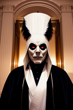 Evil Satanic Cult Leader in Mask and Ceremonial Robe Leading a Ritual of Death. Generative AI.
