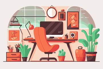 Home Office, Remote Work. Simple Flat Design With Colorful Organic Shapes. Generative AI.