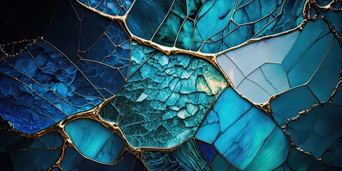 Crédence de cuisine en verre imprimé Coloré Blue Marble Texture With Kintsugi Effect Abstract Background For Web and Marketing Design. Generative AI.