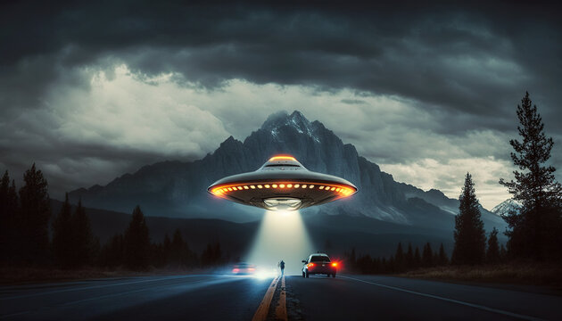 Flying saucer flies over highways and in the desert. Invasion of extraterrestrial intelligence on an intergalactic ship. Alien abduction. Created with Generative AI.