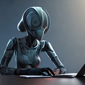 Futuristic alien hacker using laptop in outer space. Extraterrestrial, artificial intelligence, internet concept created with generative AI.