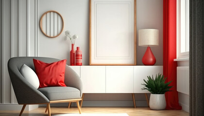 Mock up poster frame in modern home interior with red accent, generative ai
