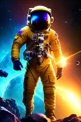 A space traveller strides across a deep red Martian terrain. Adventure, exploration, future concept created with generative AI.