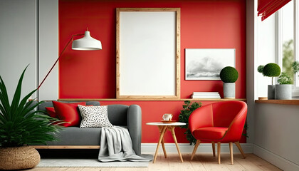Mock up poster frame in modern home interior with red accent, generative ai