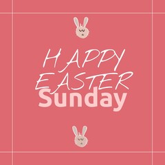 Illustration of rabbit's face and happy easter sunday text on pink background, copy space