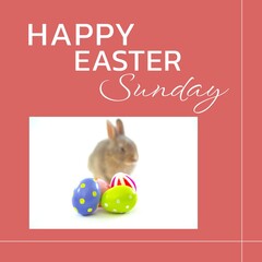 Composite of colorful easter eggs with bunny and happy easter sunday text on peach background