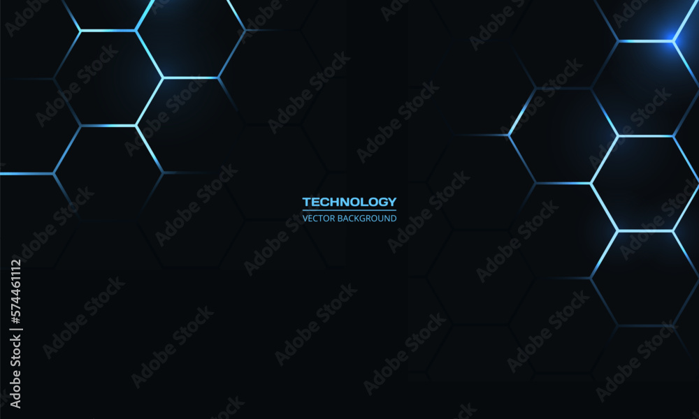 Poster Black hexagonal technology vector abstract background with blue bright energy flashes under hexagon vector illustration. Black and blue honeycomb texture grid.