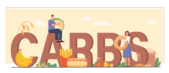 Junk food concept. People with fast carbohydrates on background of inscription carbs. Man and woman with bundle of bananas, burger, french fries, sweets and hot dog. Cartoon flat vector illustration
