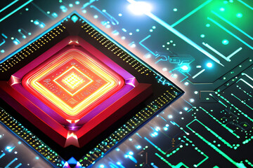Fototapeta premium Mysterious microelectronic device with vibrant colors and complex shapes. A glimpse of a quantum processor or other modern technological artifact. Created with generative AI