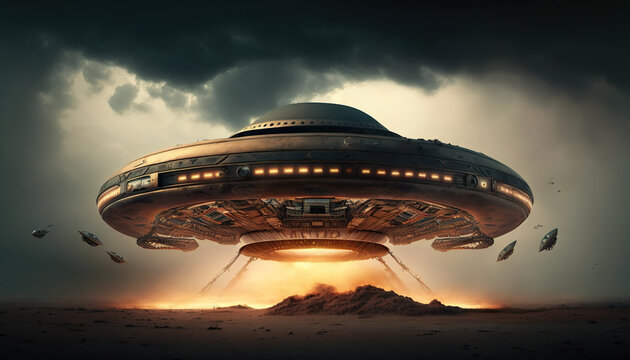 Flying saucer flies over highways and in the desert. Invasion of extraterrestrial intelligence on an intergalactic ship. Alien abduction. Created with Generative AI.