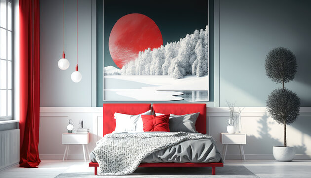 Modern bedroom interior with red accent