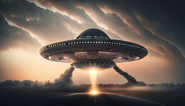 Flying saucer flies over highways and in the desert. Invasion of extraterrestrial intelligence on an intergalactic ship. Alien abduction. Created with Generative AI.