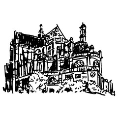 The Church of St. Eustache in Paris, France. French architecture. Medieval castle. Hand drawn linear doodle rough sketch. Black silhouette on white background.
