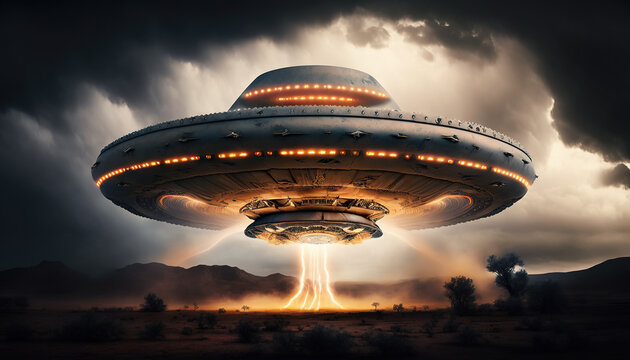 Flying saucer flies over highways and in the desert. Invasion of extraterrestrial intelligence on an intergalactic ship. Alien abduction. Created with Generative AI.