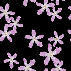 Seamless floral pattern with flowers of Silk Floss Tree. Blooms of Ceiba speciosa or Chorisia speciosa tree. Pink purple blossom on black background.