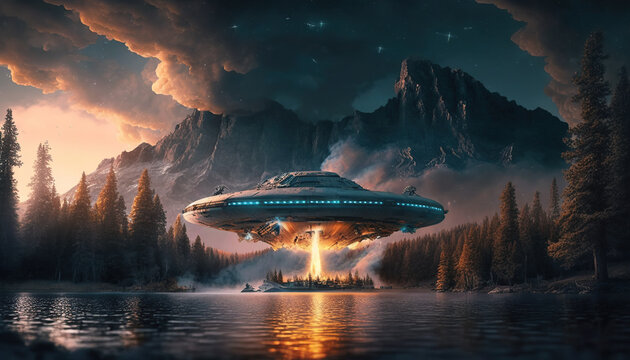 Flying saucer flies over highways and in the desert. Invasion of extraterrestrial intelligence on an intergalactic ship. Alien abduction. Created with Generative AI.