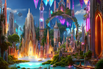 Obraz premium The Crystal Citadel: A Majestic Fortress in a Realm of Fantasy with Generative AI 