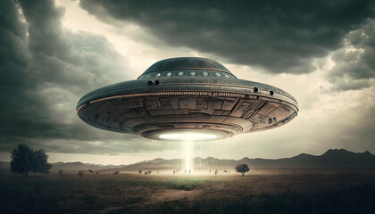 Flying saucer flies over highways and in the desert. Invasion of extraterrestrial intelligence on an intergalactic ship. Alien abduction. Created with Generative AI.