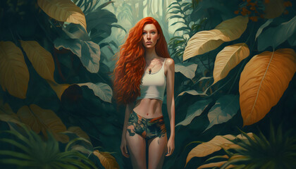 Obraz na płótnie Canvas A beautiful girl and her background is a tropical plant, generative AI