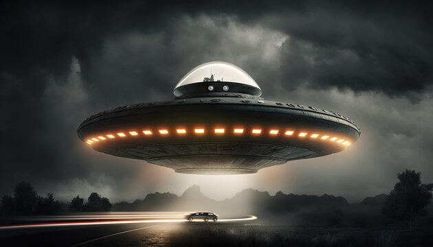 Flying saucer flies over highways and in the desert. Invasion of extraterrestrial intelligence on an intergalactic ship. Alien abduction. Created with Generative AI.