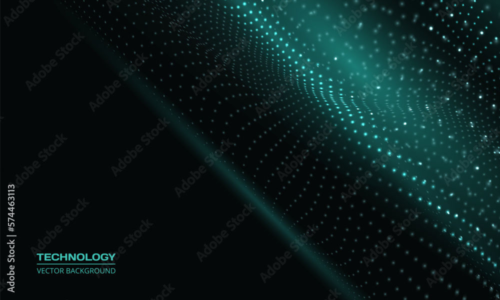 Poster Digital abstract vector technology particle wave in dark green background. Hi tech particles wire network concept. Futuristic technology artificial intelligence science background. Vector illustration
