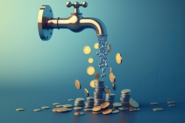 Faucet and coins, money falling from faucet, blue background, Generative AI