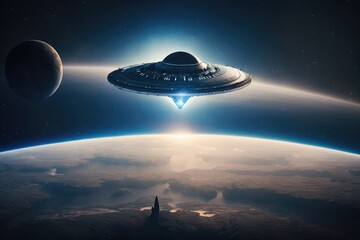 Fototapeta na wymiar Flying saucer approaching Earth, alien ship arriving on planet earth, Generative AI 