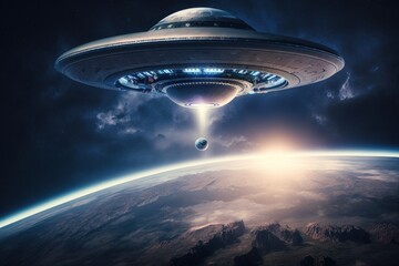 Fototapeta na wymiar Flying saucer approaching Earth, alien ship arriving on planet earth, Generative AI 