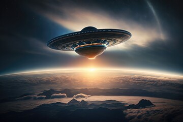 Naklejka na ściany i meble Flying saucer approaching Earth, alien ship arriving on planet earth, Generative AI 