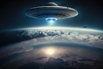 Flying saucer approaching Earth, alien ship arriving on planet earth, Generative AI
