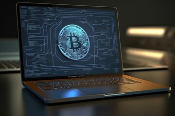 Laptop with bitcoin on screen, Generative AI
